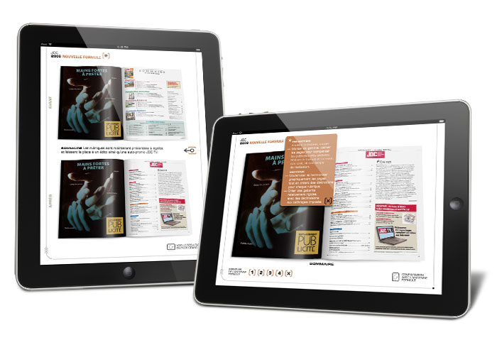 Exemple de présentation d'un magazine, avec, selon la visualisation verticale ou horizontale, différents moyens de visualiser des pages d'avant-projet